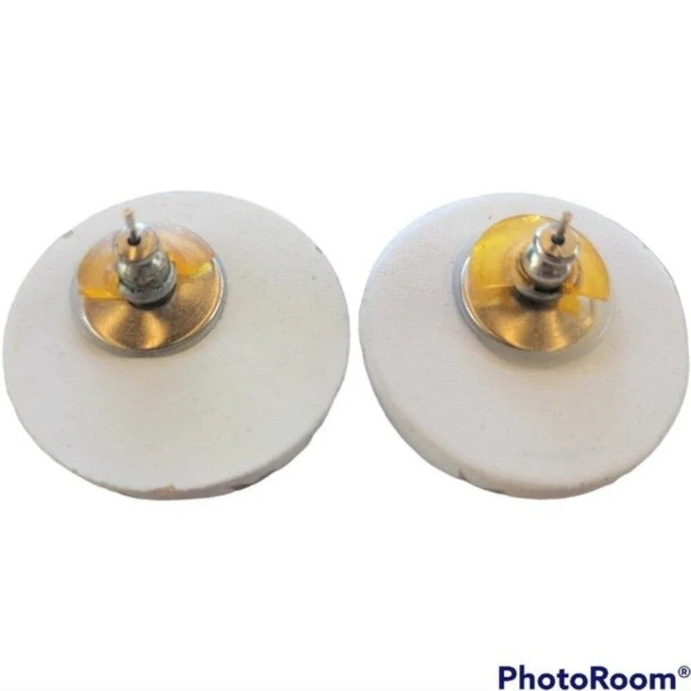 Vintage Patriotic White Gold Round Button Stud Handmade Pierced Earrings